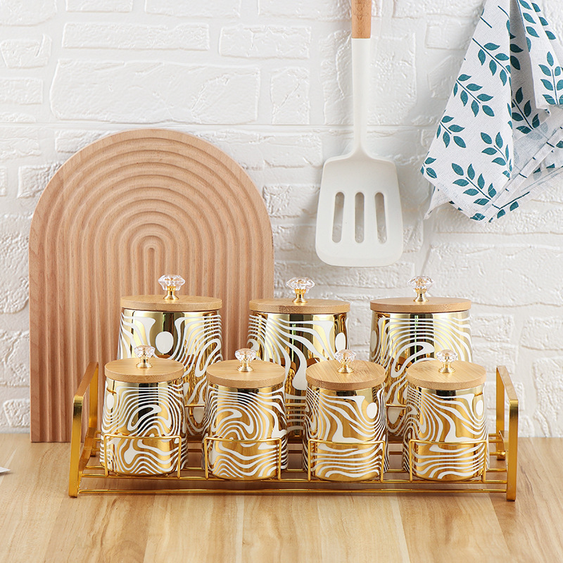 Coffee Tea And Sugar Canister Set - Set of 7 Color Glazed Ceramic